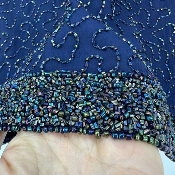 Vintage Laurence Kazar Silk All Over Beaded Mini Dress Size L Navy Cocktail - Picture 7 of 13